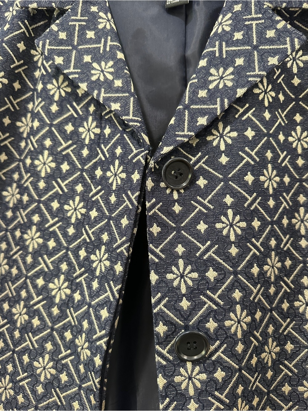 DKNY Vintage Navy White Silk Cotton Geometric Cropped Blazer 8 - Picture 4 of 14